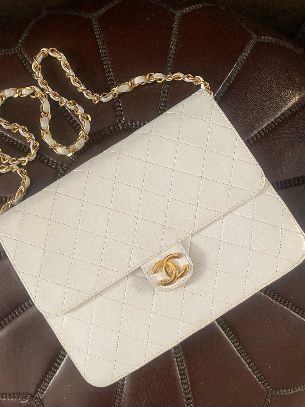 Vintage CHANEL White Quilted Leather Crossbody with Gold Chain!